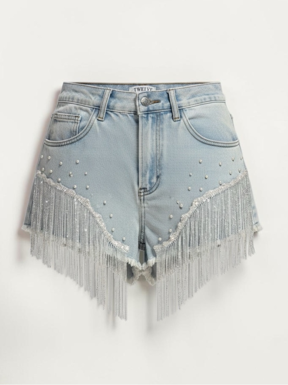 NWT On Twelfth Pearl Sequin Fringe Denim Shorts - Size L (Juniors)